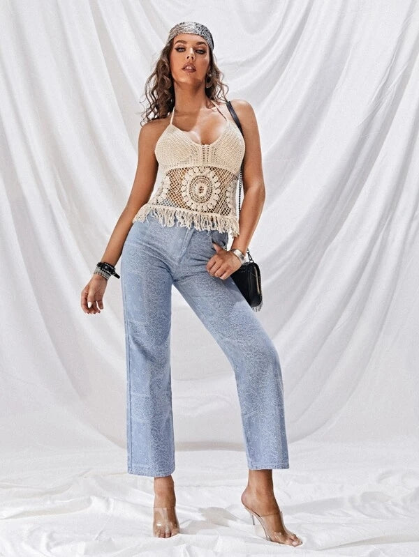 Women Summer Vacation Sleeveless Solid Tie Crochet Fringe Top Crochet hook Bella Mia